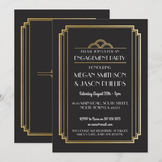 Art Déco Invitations de parties d'engagement Gold (Devant / Derrière)