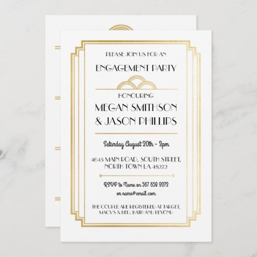 Art Déco Invitations de parties d'engagement Gold (Devant / Derrière)