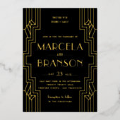 Art Deco Ironwork Black en Gold Wedding Folie Uitnodiging (Voorkant)