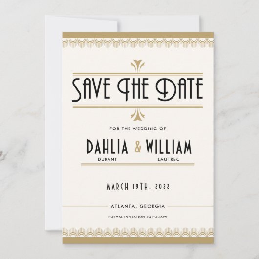 Art Deco  Ivoor en Wit en Goud Save The Date (Voorkant)
