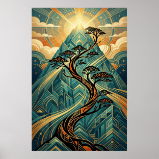 Art Deco Japanse Bonsai Berg Goud Teal Poster
