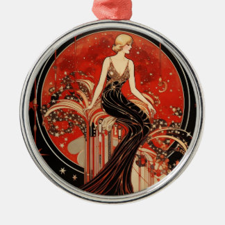 Art Deco jaren 20 Zittende vrouw in jurk Kerstmis Metalen Ornament