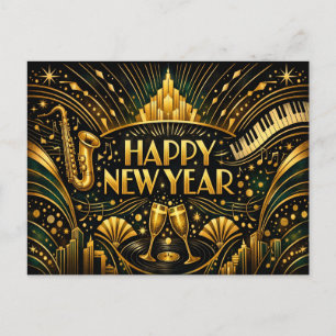 Art Deco Jazz Goud Gelukkig Nieuwjaar Feestdagenkaart