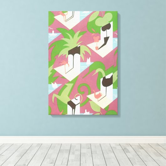  Art Deco Jazz Pochoir Palm Trees en Birds Canvas Afdruk (Insitu (Houten vloer))