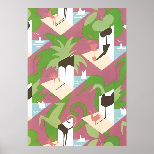 Art Deco Jazz Pochoir Palm Trees en Birds Poster (Voorkant)