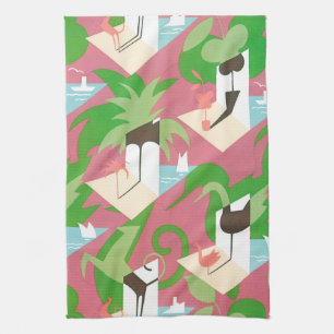 Art Deco Jazz Pochoir Palm Trees en Birds Theedoek