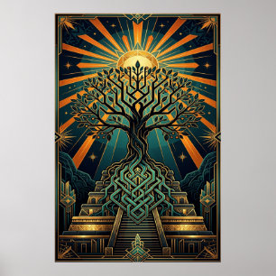 Art Deco Keltische Levensboom Piramide Goud Teal Poster