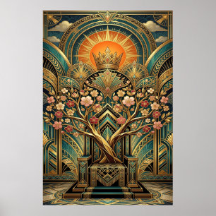 Art Deco Kersenbloesem Boom Troon Goud Teal Poster