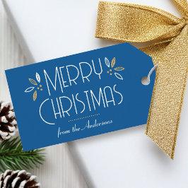 Art Deco Kerst Elegante Typografie Blauw Goud Cadeaulabel