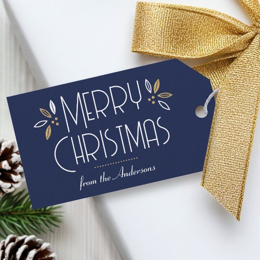 Art Deco Kerst Elegante Typografie Donkerblauw Cadeaulabel