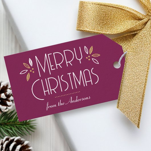 Art Deco Kerst Elegante Typografie Plum Gold Cadeaulabel
