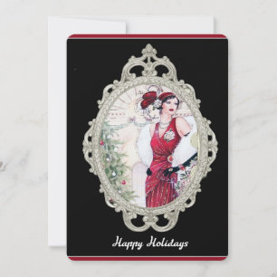 Art Deco Kerst Flapper Vrouw in Rood Kaart