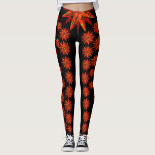 Art Deco Kerstmis Rode Poinsettia op Zwart Leggings