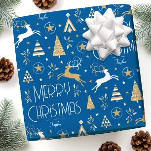 Art Deco Kerstrendier Aangepaste Naam Blauw Goud Cadeaupapier