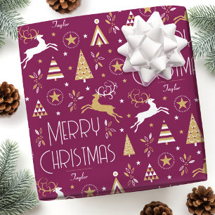 Art Deco Kerstrendier Aangepaste naam Plum Gold Cadeaupapier
