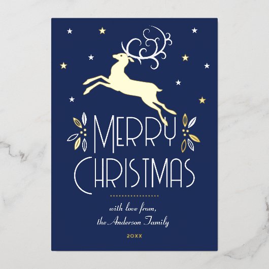 Art Deco Kerstrendier Foto Deep Blue Gold Folie Feestdagenkaart (Voorkant)