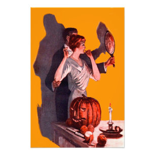 Art Deco Koppel Spiegel Jack O Lantern Pompoen Foto Afdruk