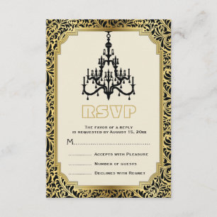 Art Deco kroonluchter zwart, gouden bruiloft RSVP Kaartje