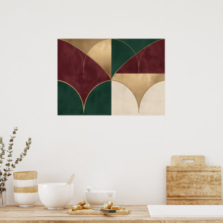 Art Deco Kwart Cirkel Bloemblad Groen Dieprood Gou Poster