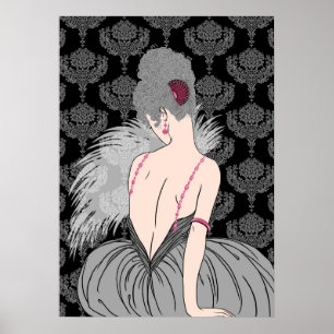 Art Deco Lady met Damask - BIANCA: Wintergrays Poster