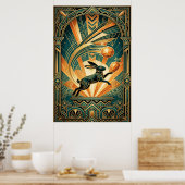 Art Deco Leaping Rabbit Gold & Teal Art Poster (Keuken)