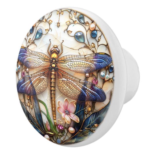 Art Deco Libelle Parels Edelstenen Bloemen Elegant Keramische Knop (Rechts)