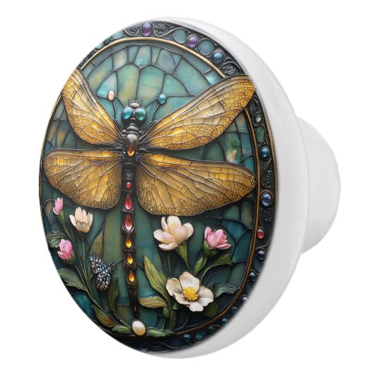 Art Deco Libelle Parels Edelstenen Glas in Lood Keramische Knop (Rechts)