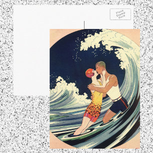 Art Deco-liefhebbers kussen in de golven bij het s Briefkaart