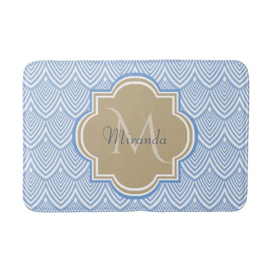 Art Deco Light Blue Fish Scales Tan Monogram Name Badmat (Voorkant)