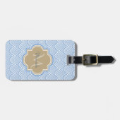 Art Deco Light Blue Fish Scales Tan Monogram Name Bagagelabel (Voorkant horizontaal)