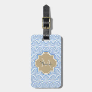 Art Deco Light Blue Fish Scales Tan Monogram Name Bagagelabel