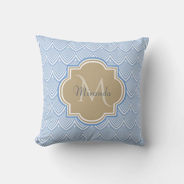 Art Deco Light Blue Fish Scales Tan Monogram Name Kussen (Voorkant)