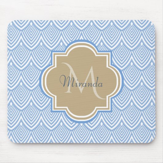 Art Deco Light Blue Fish Scales Tan Monogram Name Muismat (Voorkant)