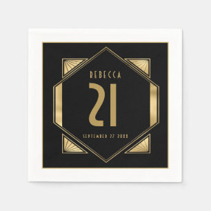 Art Deco Lijst 21st Birthday Name Date Gold Black Servet