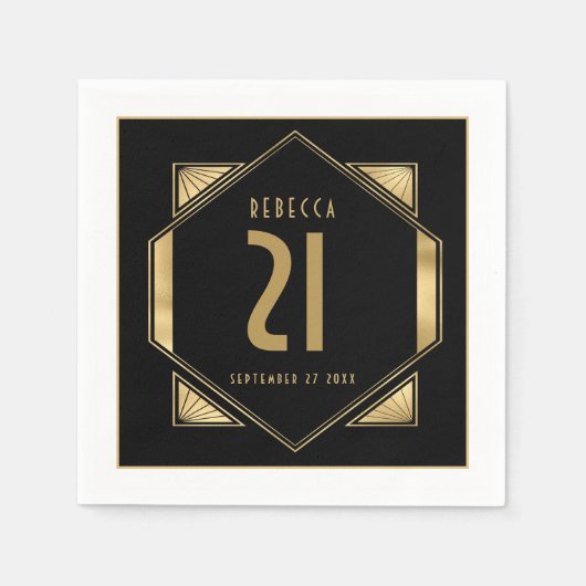 Art Deco Lijst 21st Birthday Name Date Gold Black Servet (Voorkant)