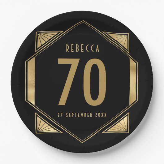 Art Deco Lijst 70e Verjaardag Naam Datum Papieren Bordje (Voorkant)
