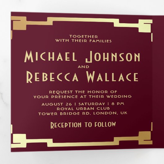 Art Deco Lijst Bourgogne Goud QR Code Bruiloft Drieluik Uitnodiging (Binnenzijde eerst)