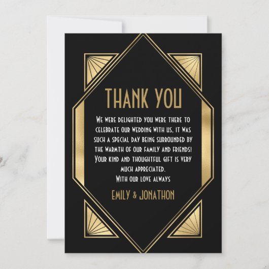 Art Deco Lijst Zwart Goud Bruiloft Dank u Bedankkaart (Voorkant)