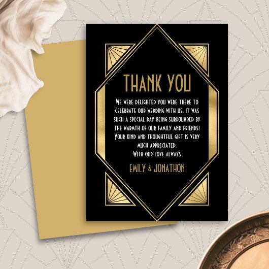 Art Deco Lijst Zwart Goud Bruiloft Dank u Bedankkaart