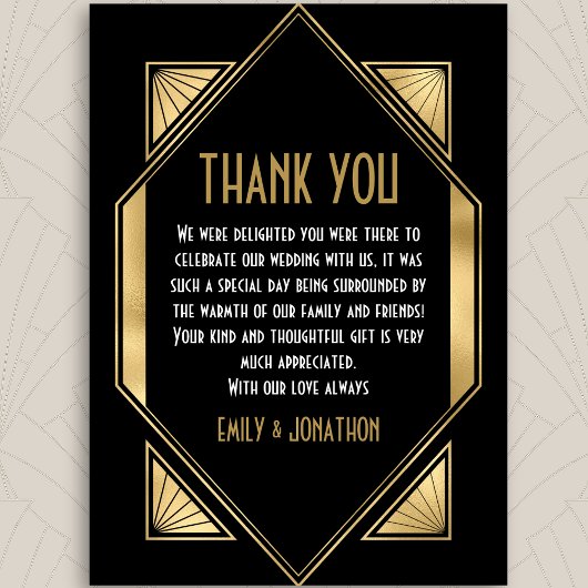 Art Deco Lijst Zwart Goud Bruiloft Dank u Bedankkaart