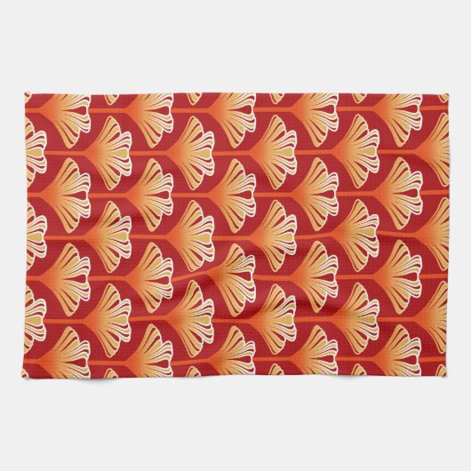 Art Deco Lily, Tangerine Oranje en Gold Theedoek (Horizontaal)