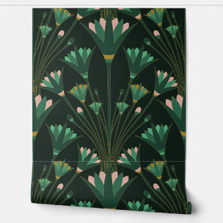 Art Deco Lotus - Schelp Lotus - Smaragdgroen Behang