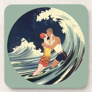Art Deco Lovers Kiss in The Waves bij Beach Drankjes Onderzetter