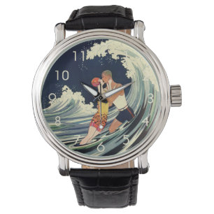  Art Deco Lovers Kiss in The Waves bij Beach Horloge