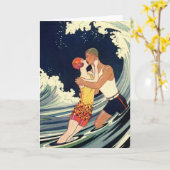 Art Deco Lovers Kiss in The Waves bij Beach Kaart (Gele Bloem)