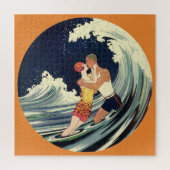 Art Deco Lovers Kiss in The Waves bij Beach Legpuzzel (Verticaal)