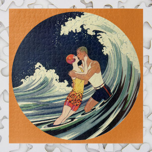  Art Deco Lovers Kiss in The Waves bij Beach Legpuzzel