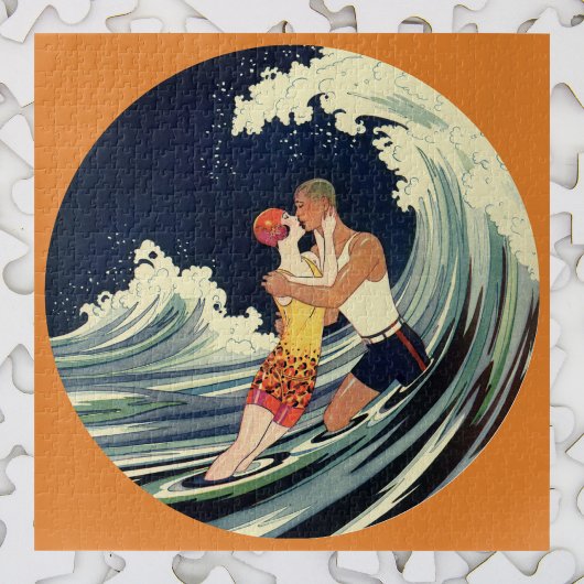 Art Deco Lovers Kiss in The Waves bij Beach Legpuzzel