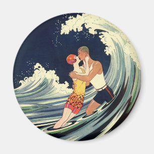 Art Deco Lovers Kiss in The Waves bij Beach Magneet