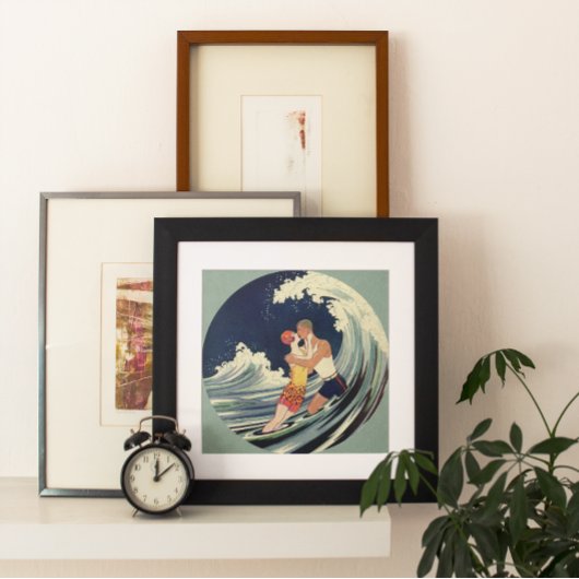 Art Deco Lovers Kiss in The Waves bij Beach Poster